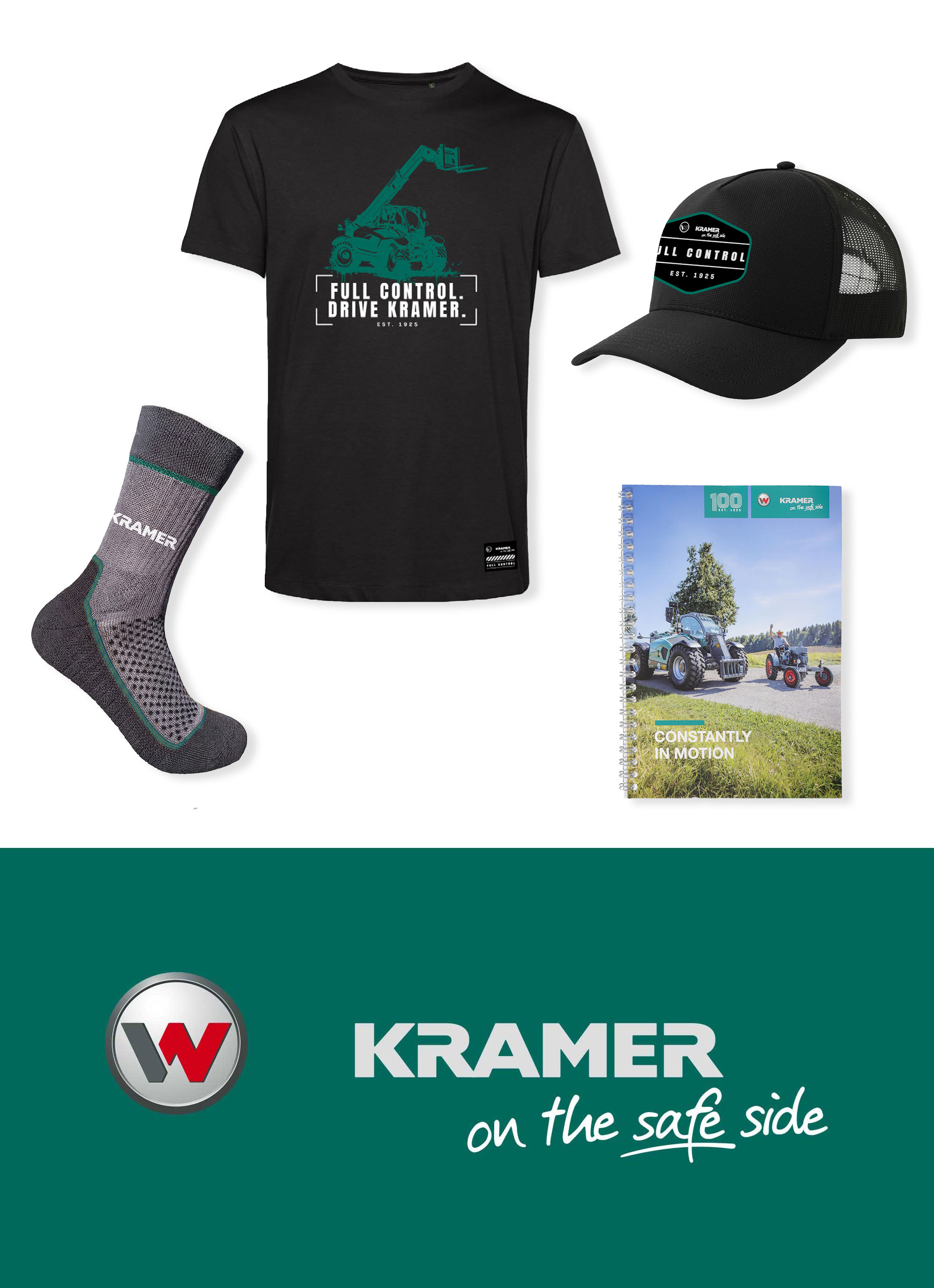 Kramer Produktkollektion 2026: Hoodie, Gürtelschnalle, Spielzeug-Radlader, grüne Sonnenbrille und Jahreskalender