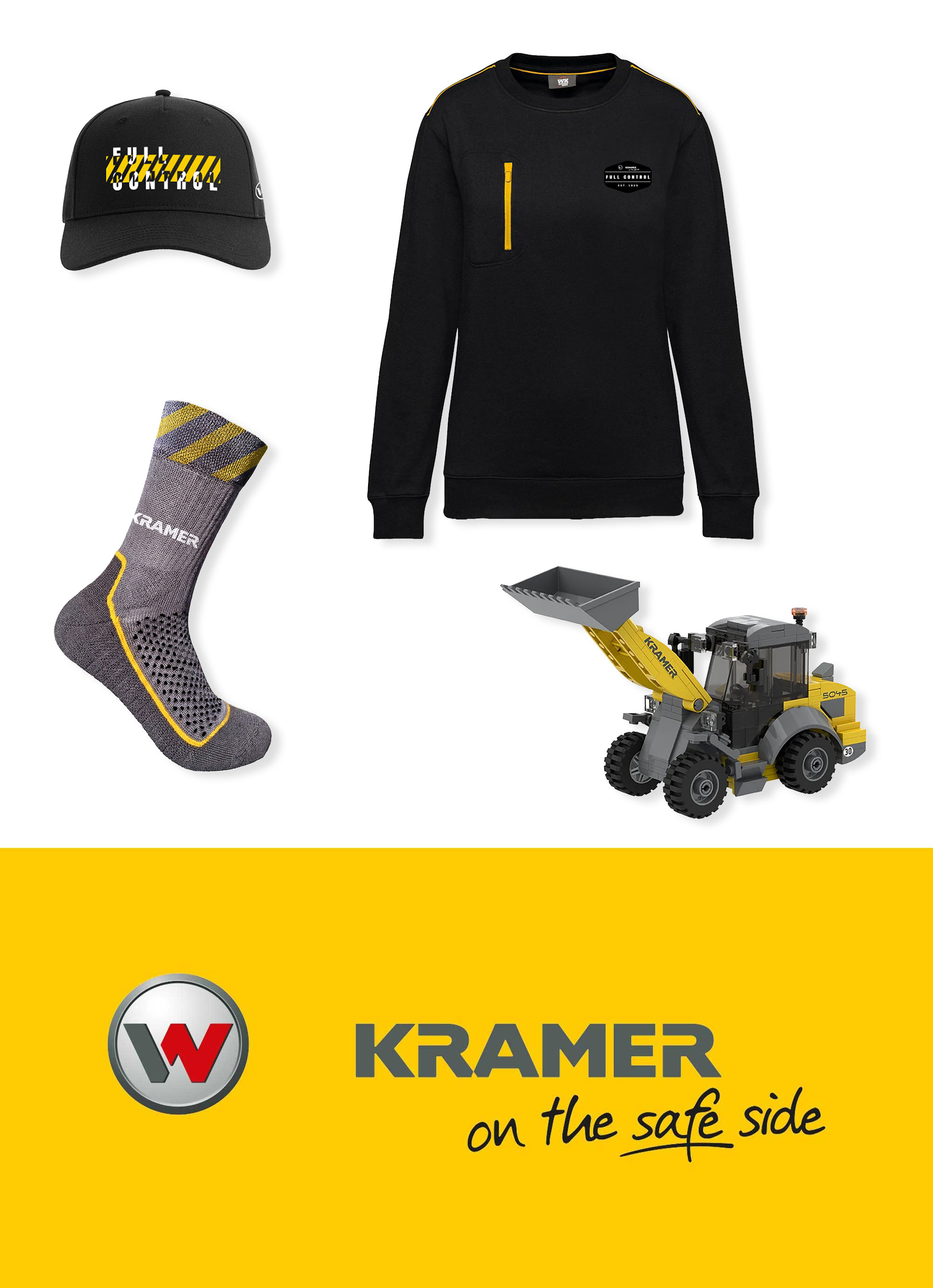 Kramer Kids Produktkollektion: Mütze, Lunchbox mit Bagger-Motiv, Spielzeug-Teleskoplader, gelbe Sonnenbrille und Taschenmesser